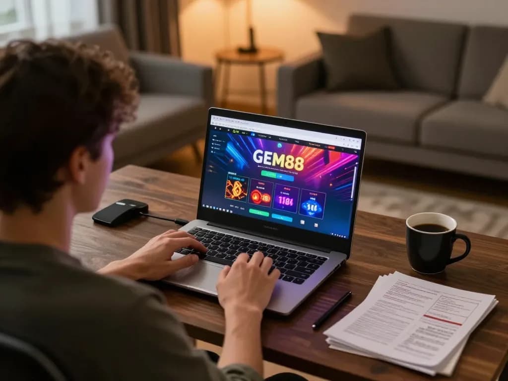 Engaged user playing GEM88 casino games on laptop at home, with coffee and strategy notes.