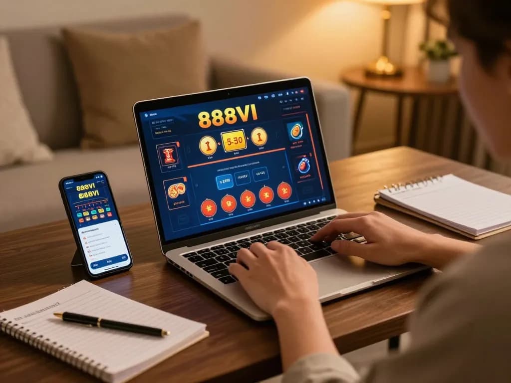 Engaging player using 888VI online casino app on laptop, emphasizing strategic gameplay.
