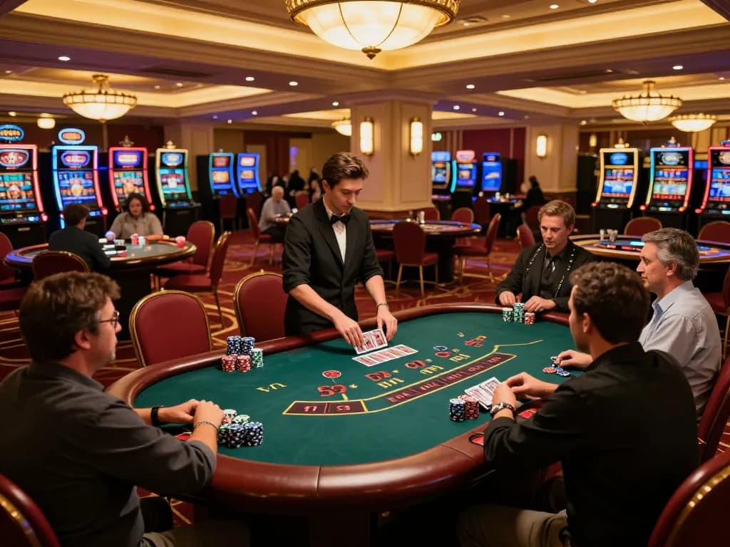 Players at TG88 blackjack table strategizing their bets under vibrant casino lights.