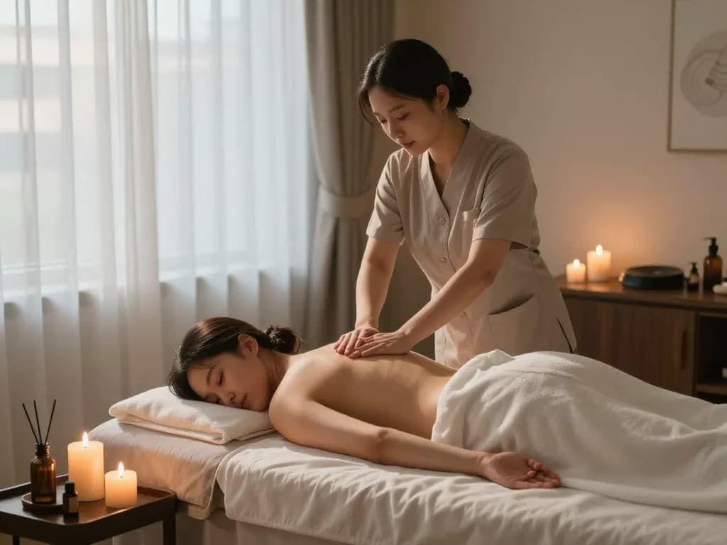 부드러운 조명과 차분한 장식이 있는 평화로운 스파 환경에서 강남스웨디시 마사지를 받는 고객.