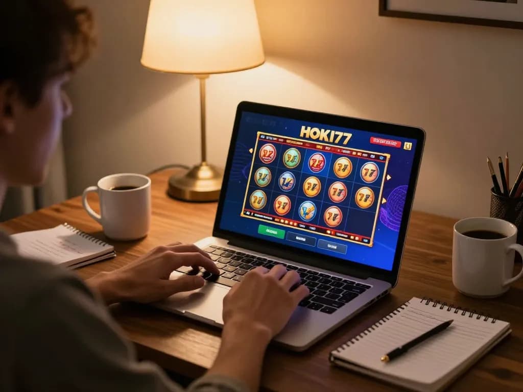 Berinteraksi dengan slot online HOKI77 dari rumah, menampilkan antarmuka permainan yang cerah dan catatan strategis.