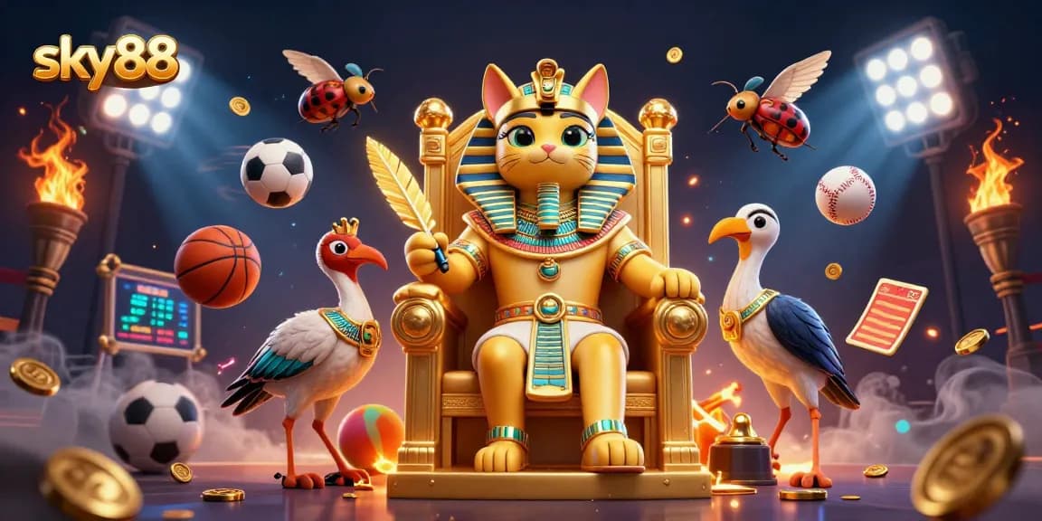Sky88 sports betting scene with a pharaoh cat, dynamic sports elements, and vivid blue backdrop.