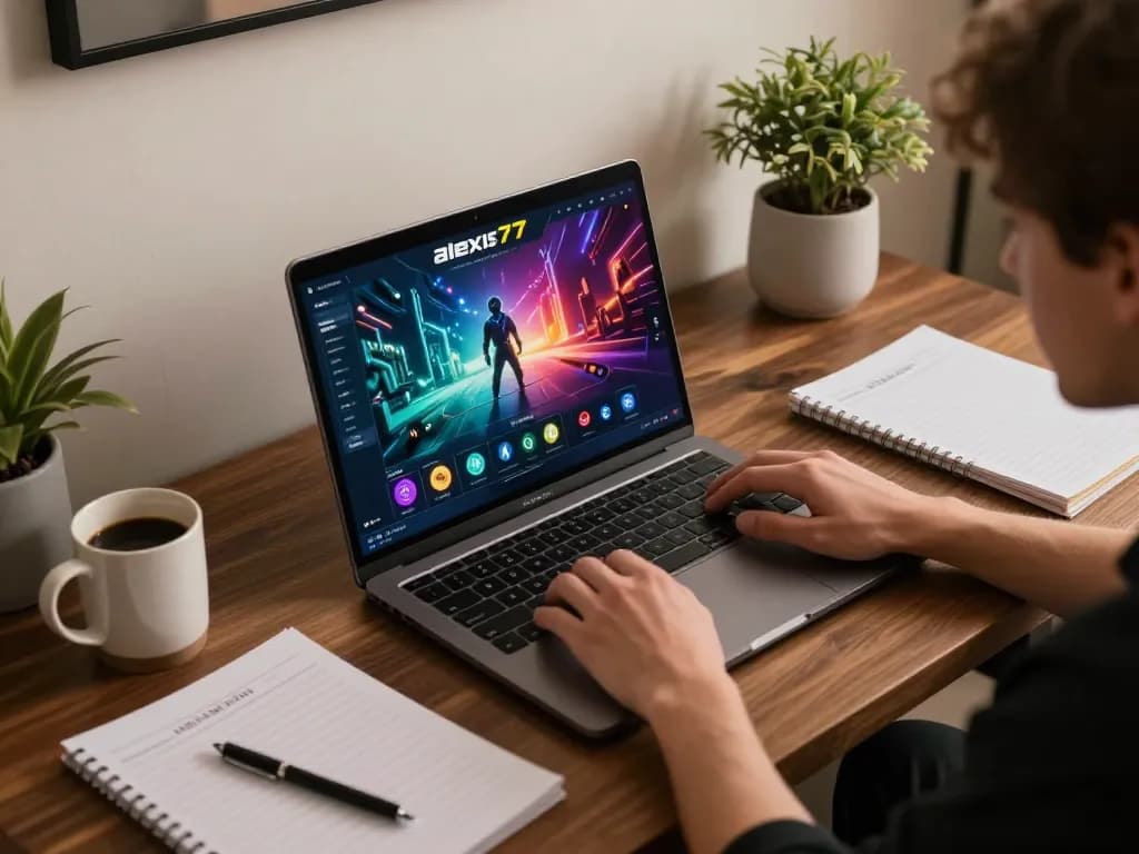 Player enjoying alexis77 casino games on a modern laptop, showcasing an immersive online gaming atmosphere