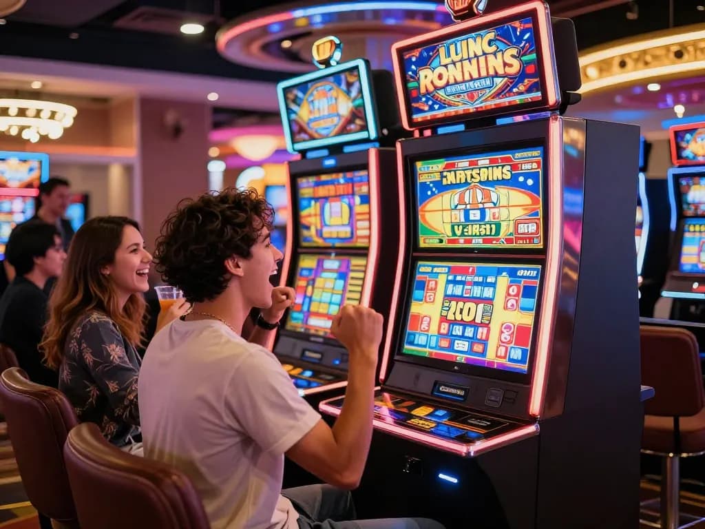 Player winning on a slot gacor machine, friends celebrating with drinks in vibrant casino setting