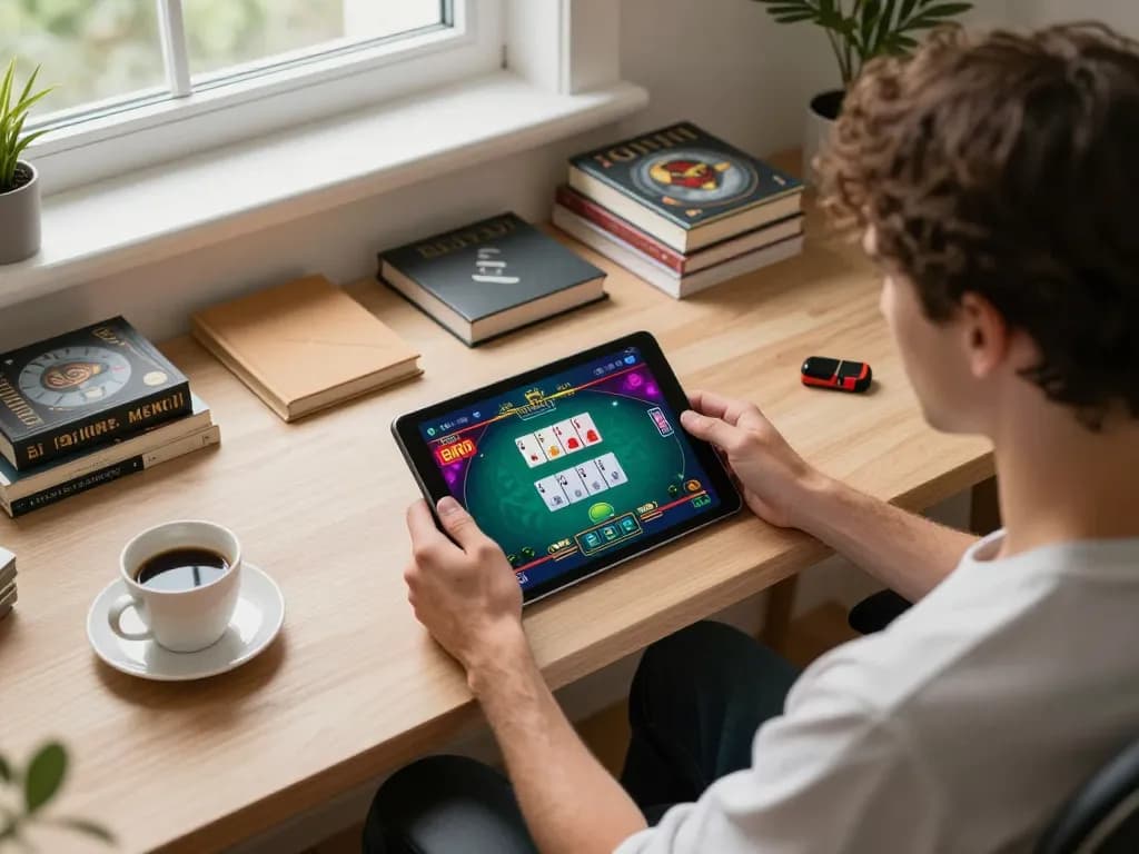 Player engaged in strategic online casino game XX88 on tablet, in a cozy and professional home setting.