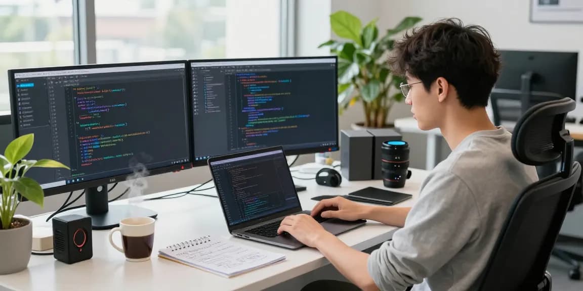 Developers optimizing telegram中文 language settings on multiple monitors in a vibrant office.