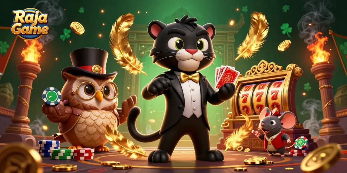 Experience thrilling action with Raja Game as a panther deals cards amidst vivid casino elements.