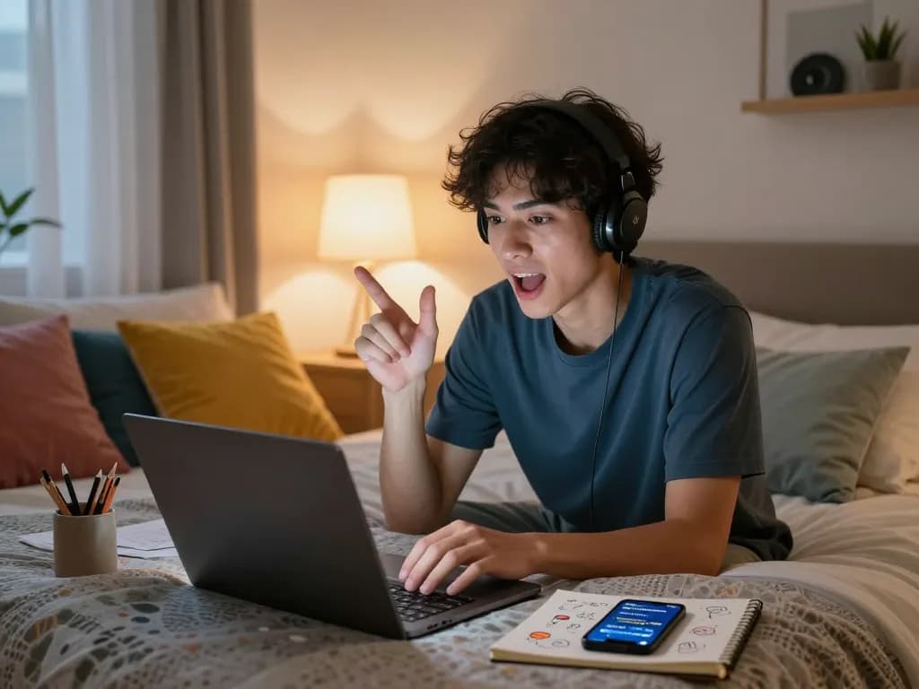Engaging in sex chat ai on a laptop, relaxed bedroom setting with ambient lighting and creative decor.