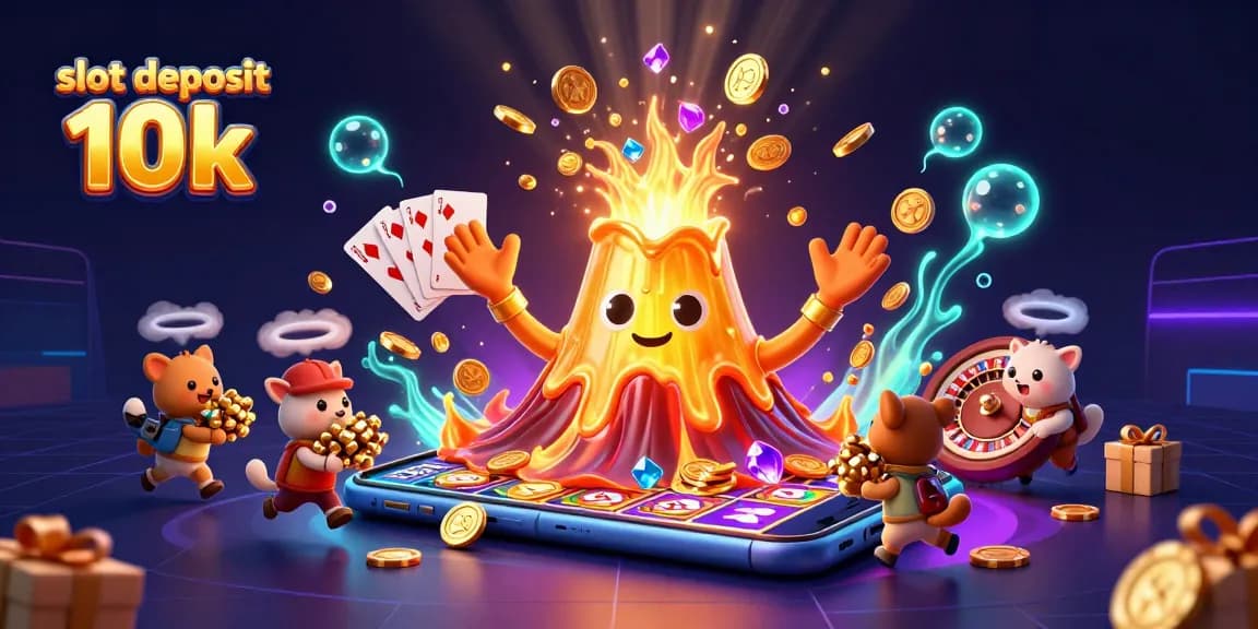 Experience the excitement of slot deposit 10k with a triumphant golden volcano and treasure-hunting animals amidst vibrant casino elements.