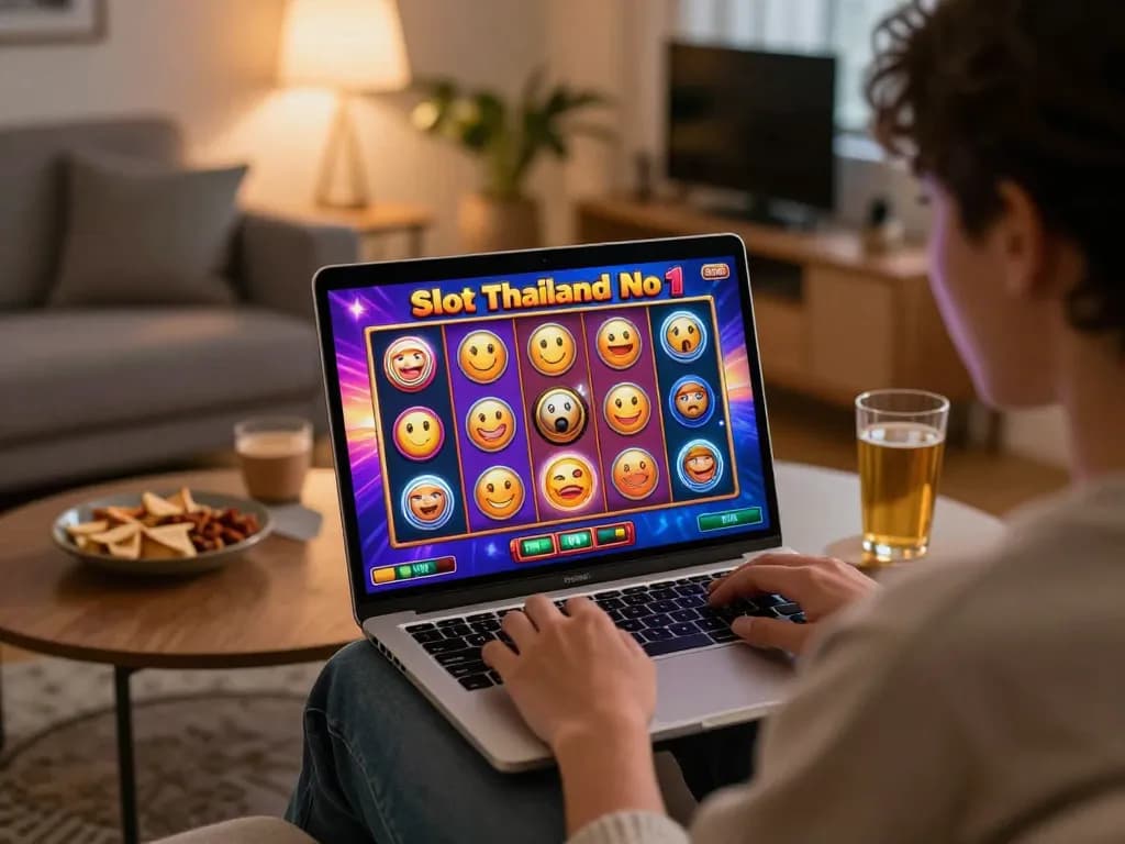 Engaging online gameplay featuring slot thailand no 1 on a laptop in a cozy home setting.