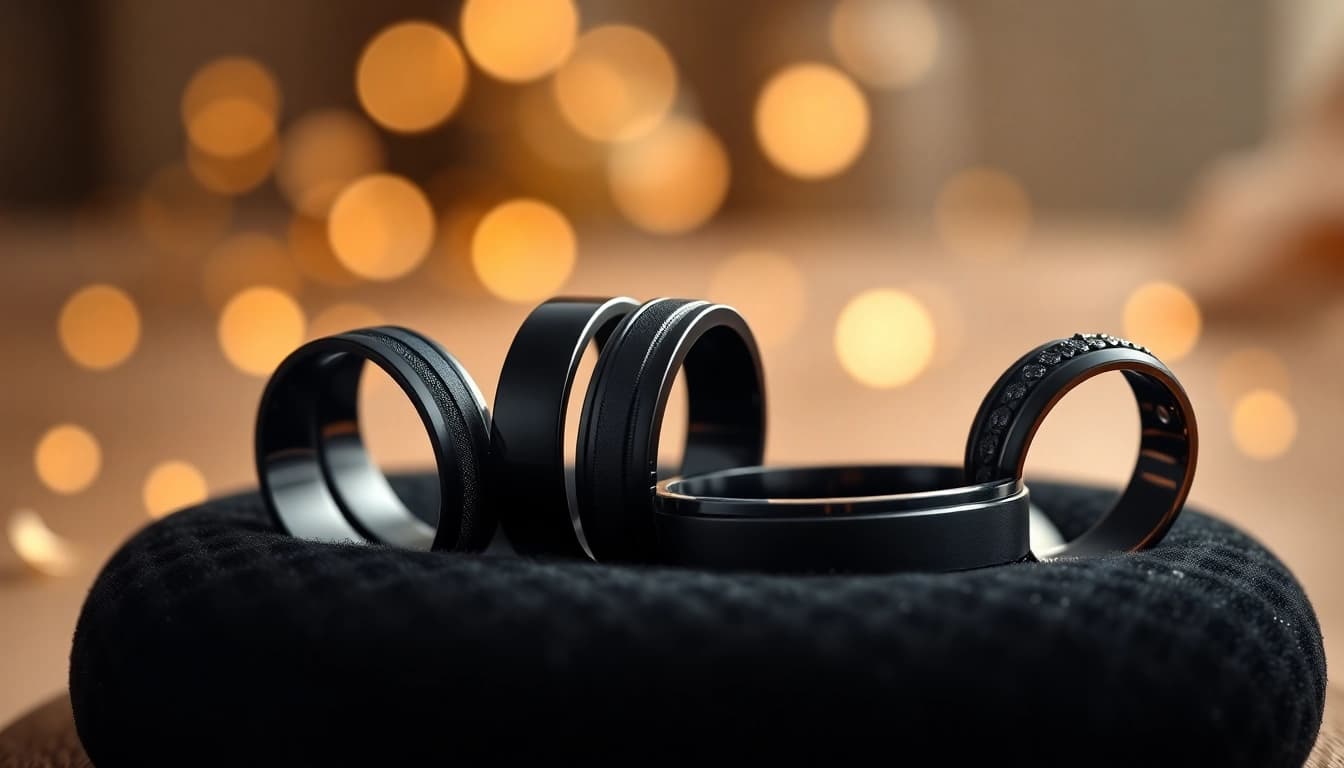 Showcasing stunning Black Wedding Rings for Men with elegant designs on a velvet background.
