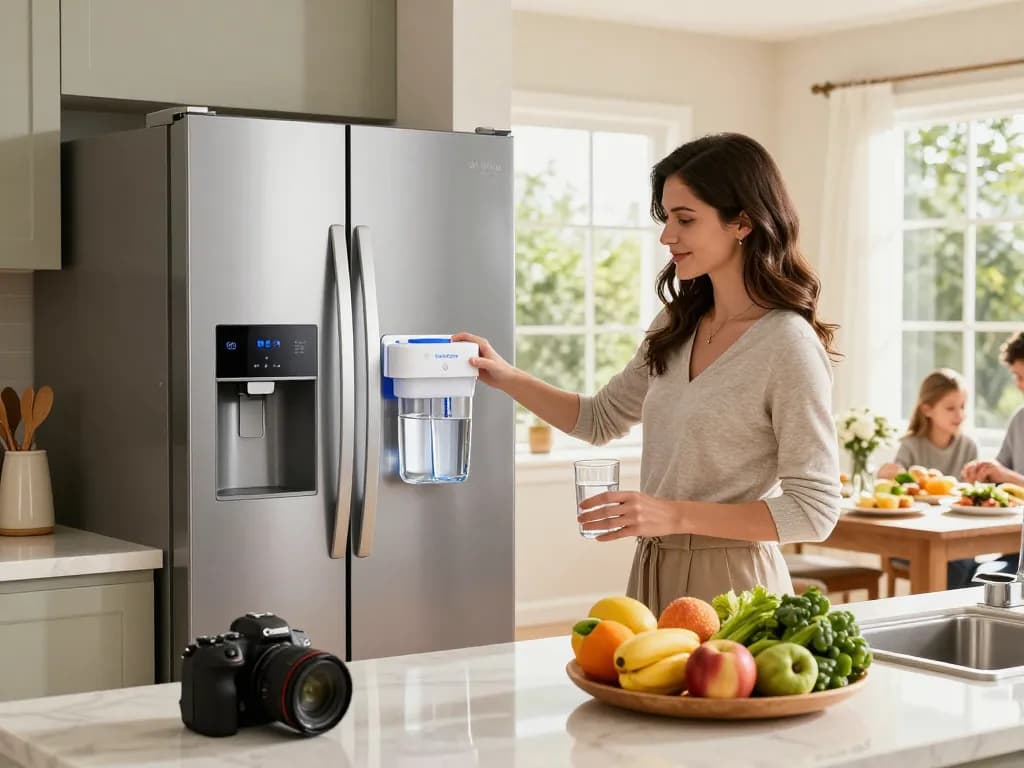 Woman pouring water from a Waterdrop Plus 5231JA2002A NSF 401&53 Refrigerator Water Filter into a glass, showcasing a healthy kitchen.