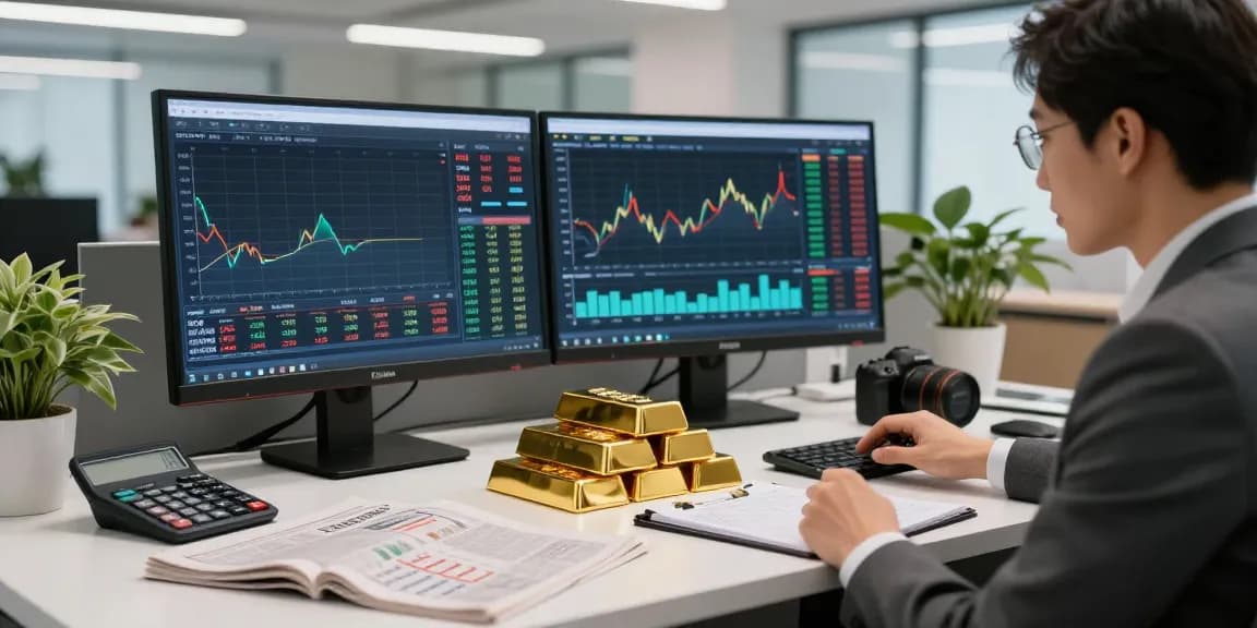 Current 4 tola gold price analysis in a sleek financial office environment, showcasing gold bars and market data.
