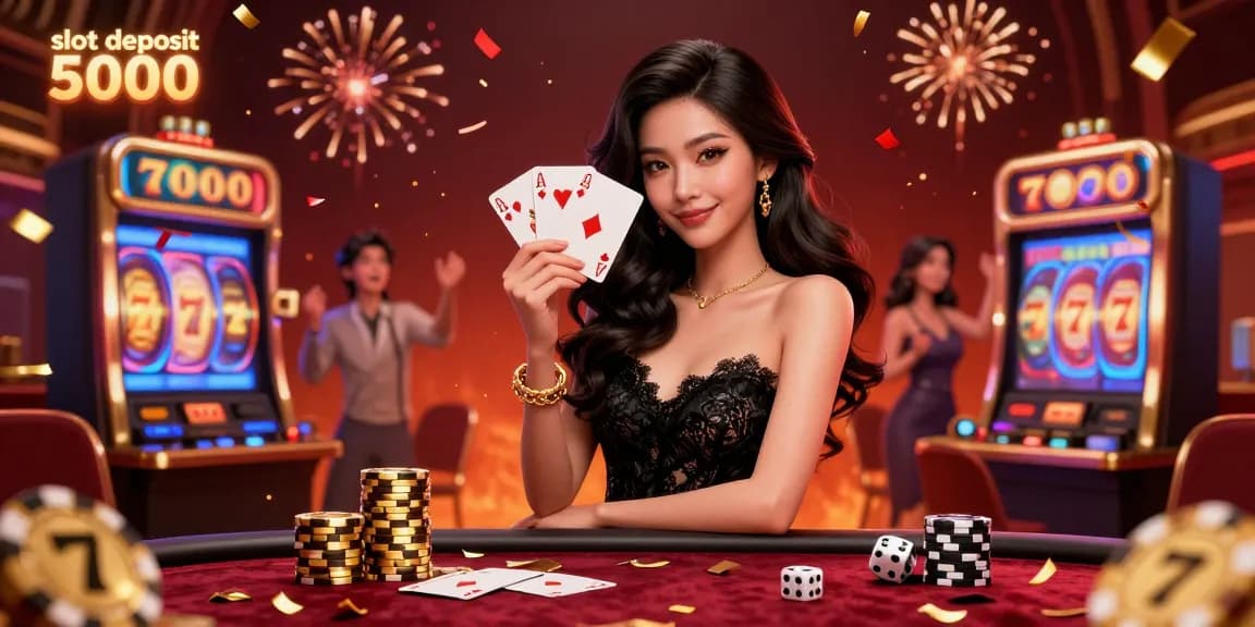 Experience the thrill with slot deposit 5000 in this vibrant casino scene featuring cascading confetti and lively slot elements.