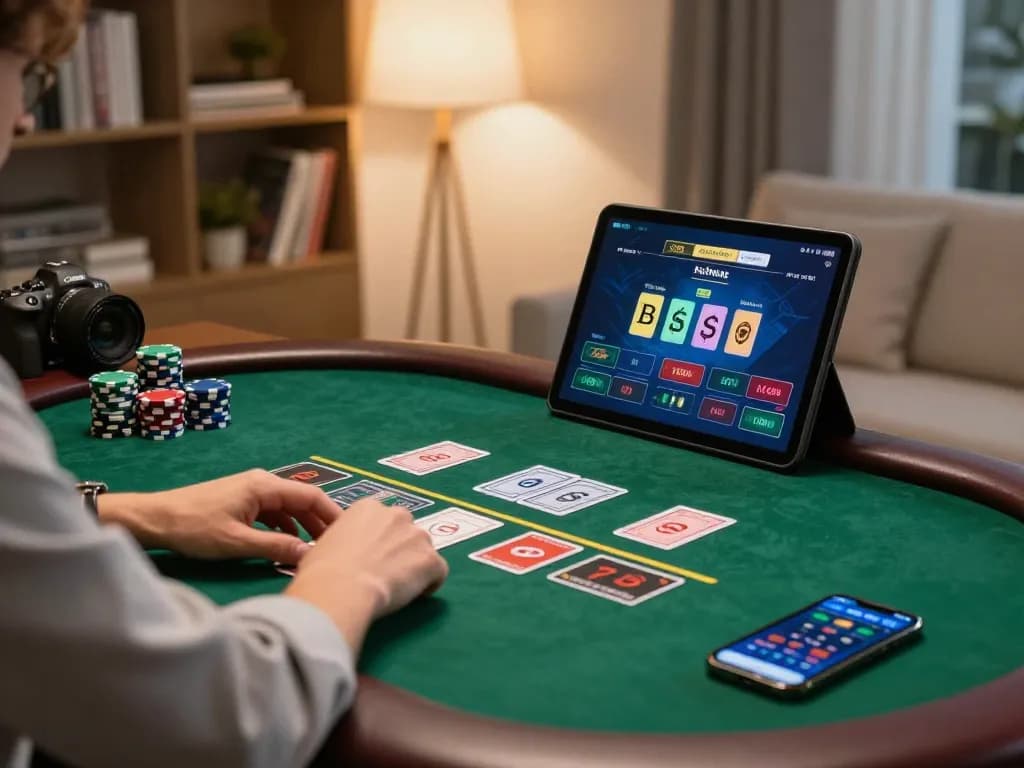 MB88 player strategizing during a live dealer blackjack game on a tablet, enhancing online gambling experience