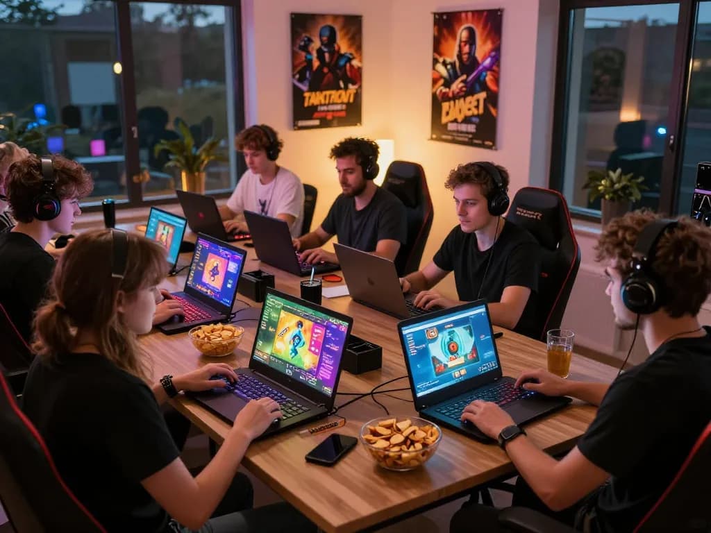 Group of adults enjoying interactive porn games html on laptops with vibrant graphics.