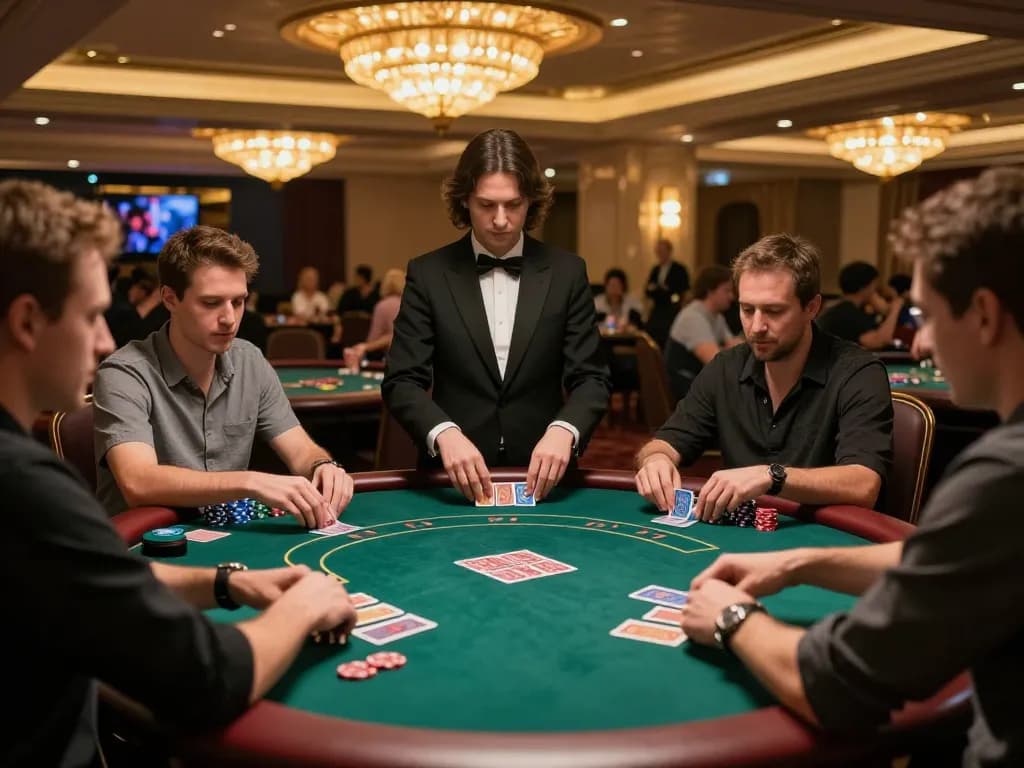 Players engage in strategic poker gameplay at the ATQ casino, illuminated by warm lighting and vibrant atmosphere