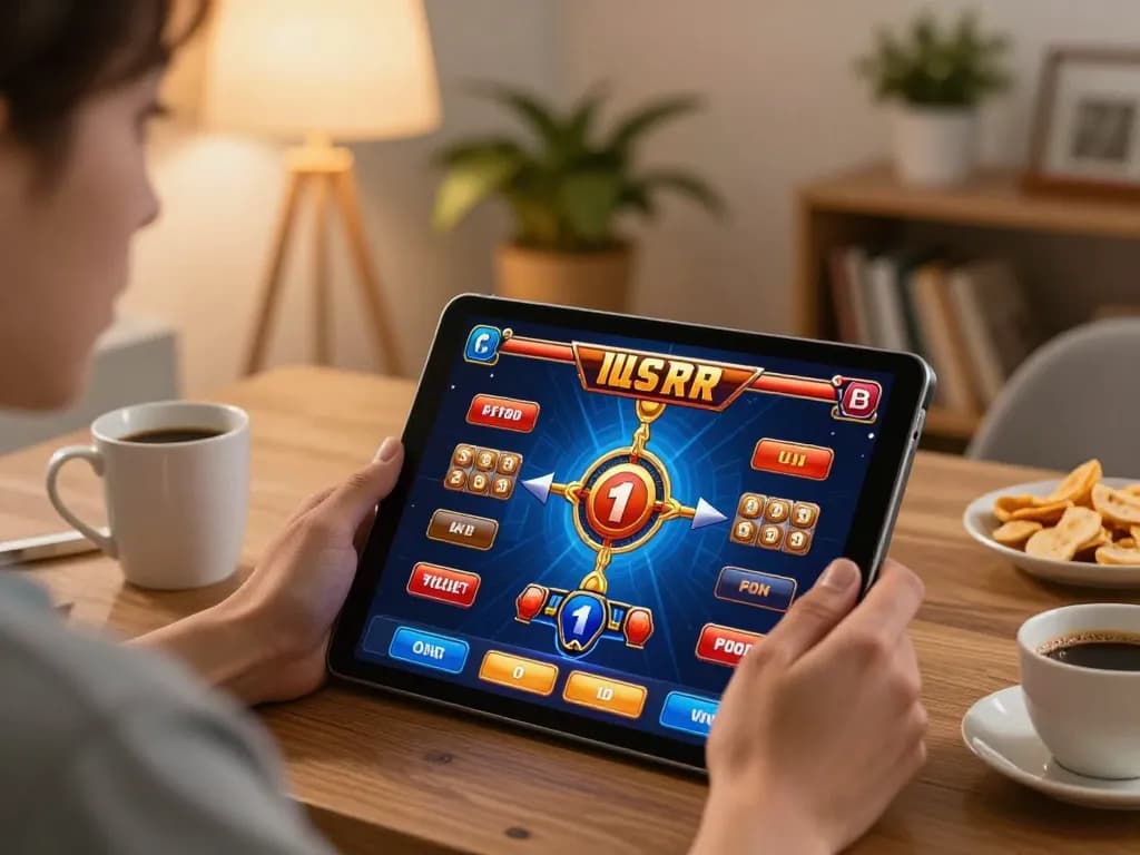 MAY88 players engaging in exciting slot games on tablet, highlighting strategic gameplay.
