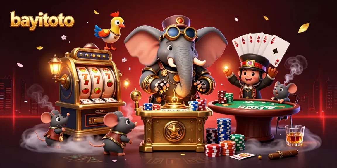 Engage with bayitoto's thrilling slots and poker games in this vibrant 3D casino scene.