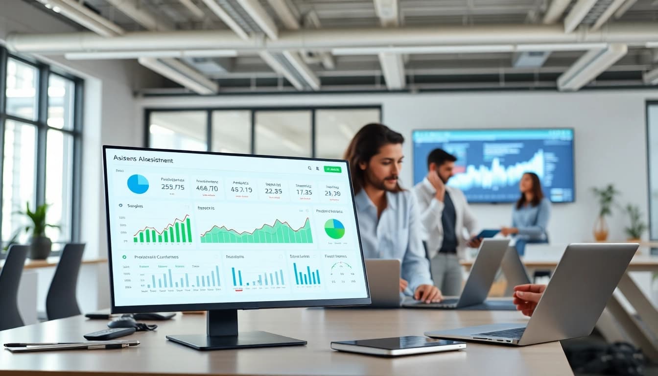 Demonstrating an assistant for enterprise through a professional AI software interface in a collaborative office.