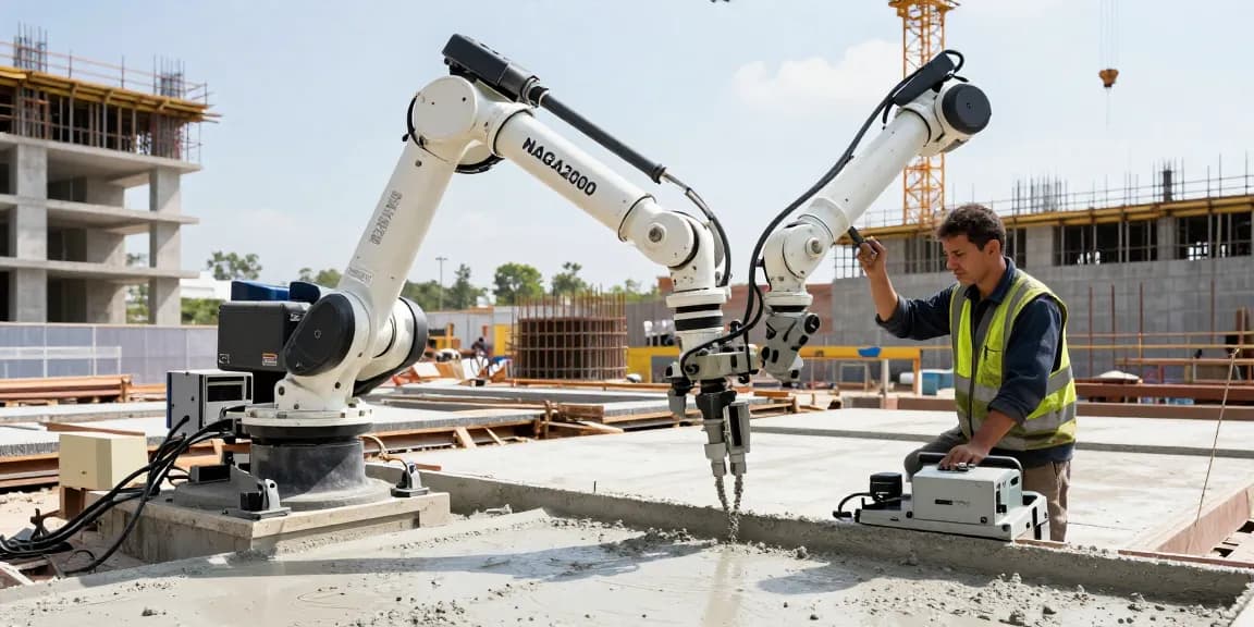 Worker using NAGA2000 for concrete construction in an industrial site.