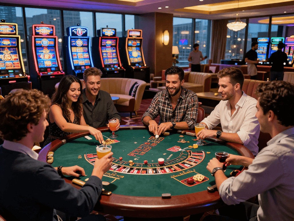 Exciting gaming night at a european online casino with friends enjoying table games and vibrant atmosphere.