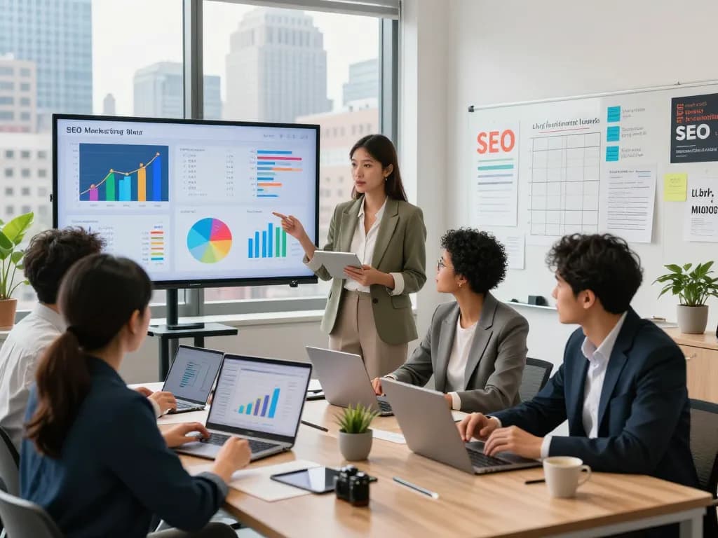 SEO Company in NYC team brainstorming digital marketing strategies in modern office