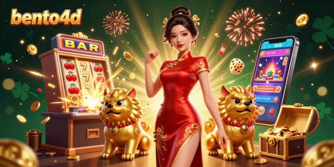 Terlibat dengan bento4d saat seorang wanita glamor merayakan jackpot di tengah perayaan kasino.