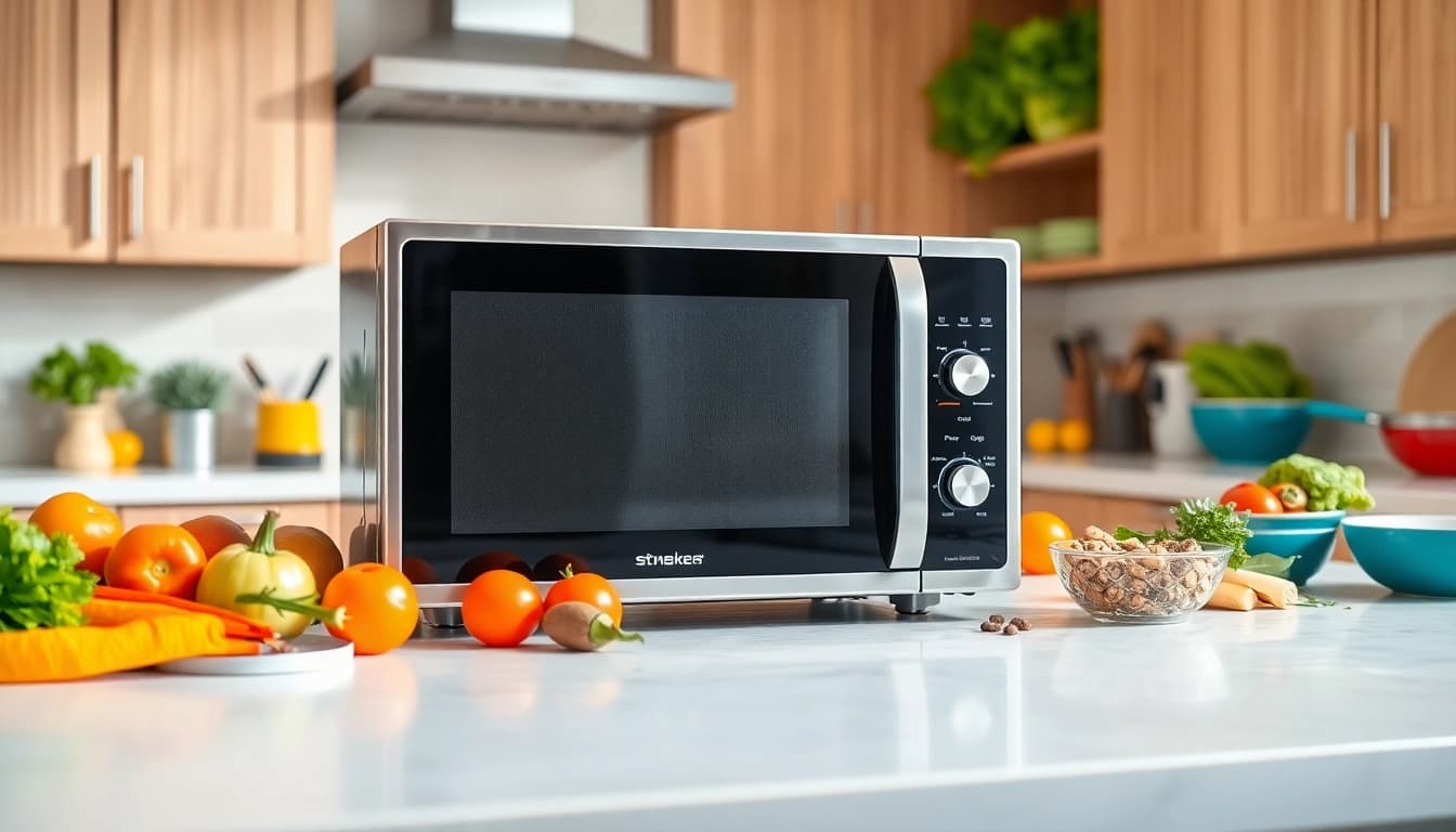 Cook delicious meals with a modern microwave oven displayed in a bright kitchen setting.