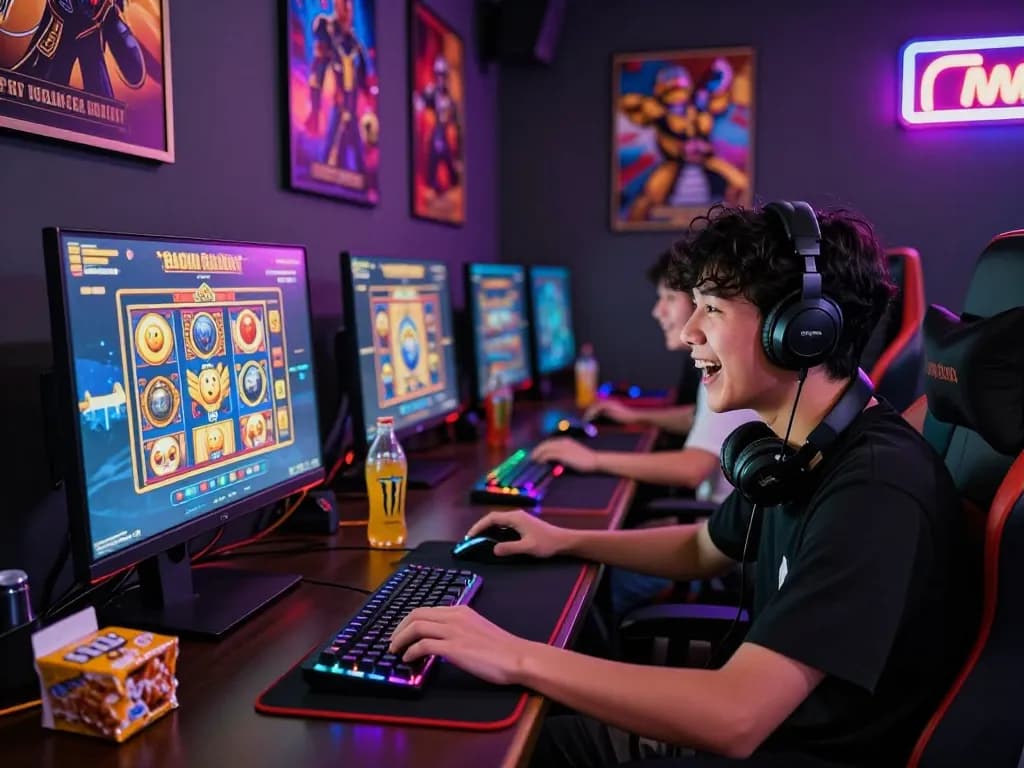 Engaging gaming lounge scene showcasing player excitement for slot gacor hari ini and vibrant game graphics.
