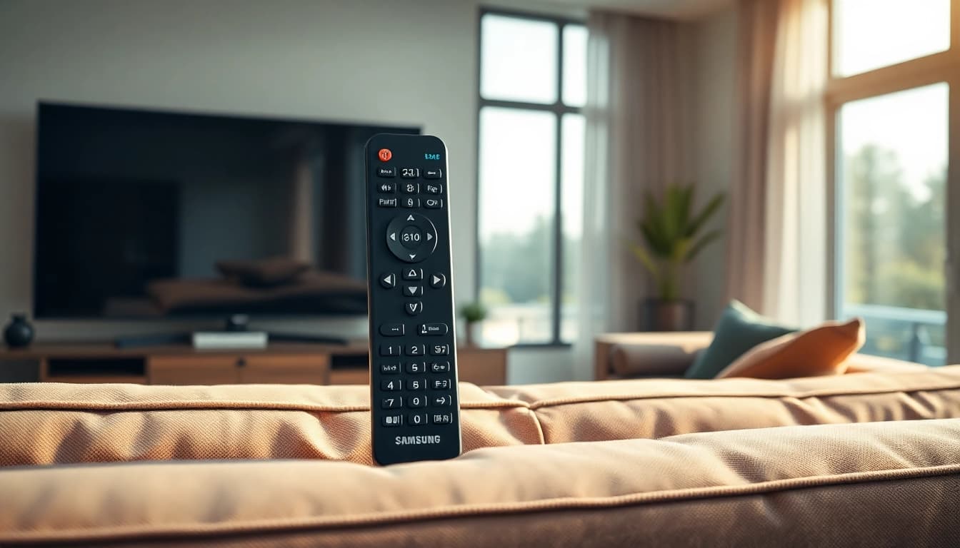 Steuern Sie Ihren Fernseher mit der Samsung Fernbedienung UE65, die elegant auf einem Wohnzimmertisch liegt.