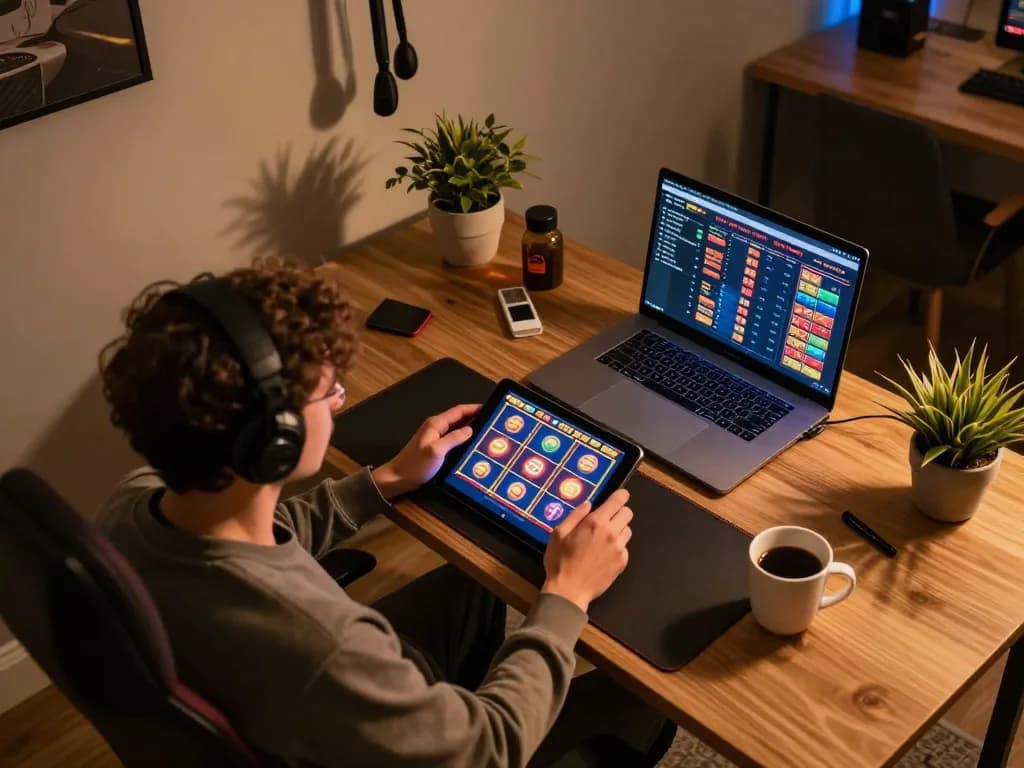 Player enjoying เว็บตรงสล็อต at home on tablet, showcasing engaging mobile gaming atmosphere.