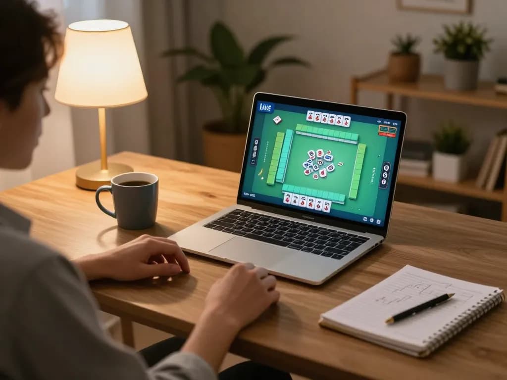 Engaging with Mahjong online game at home setting, reflecting cozy and responsible gaming.