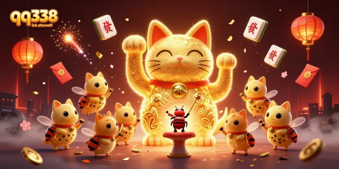 Explore the qq338 link alternatif with golden fireflies and casino symbols in an enchanting 3D scene.