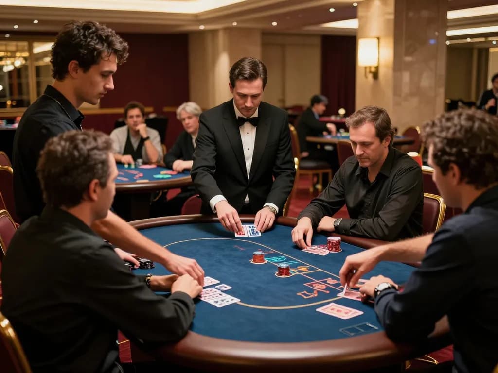 SAY88 poker players strategizing at a luxurious casino table amid warm lighting