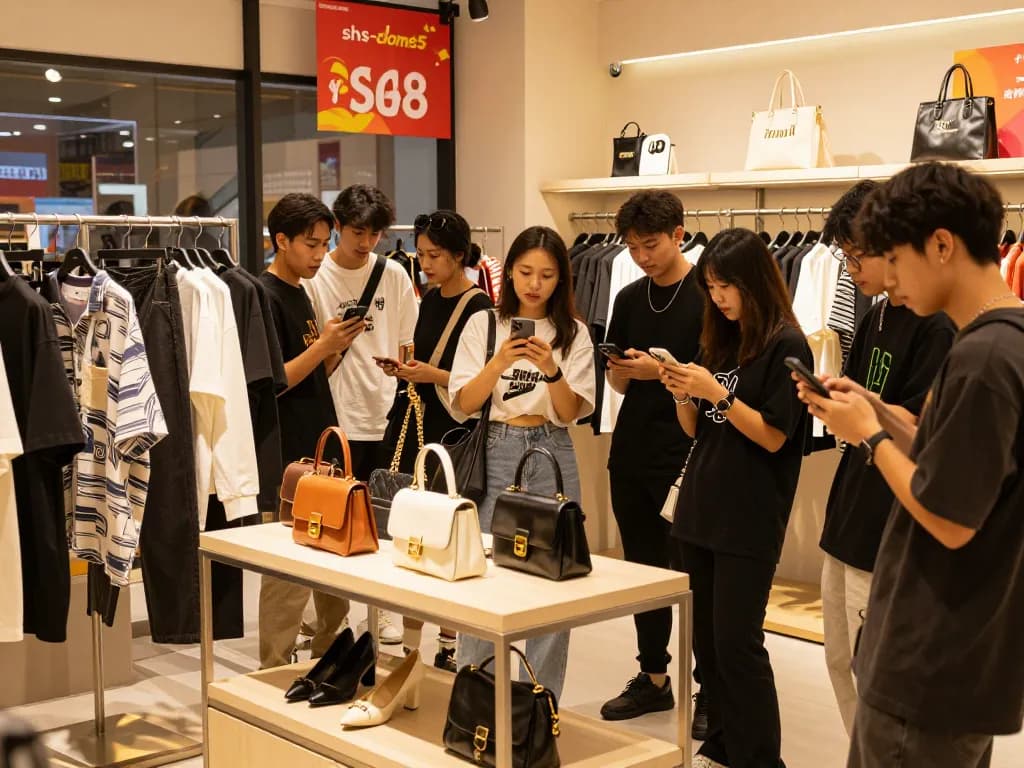 Group of shoppers at shs-dome5.com exploring trendy replica fashion items in a vibrant retail environment.