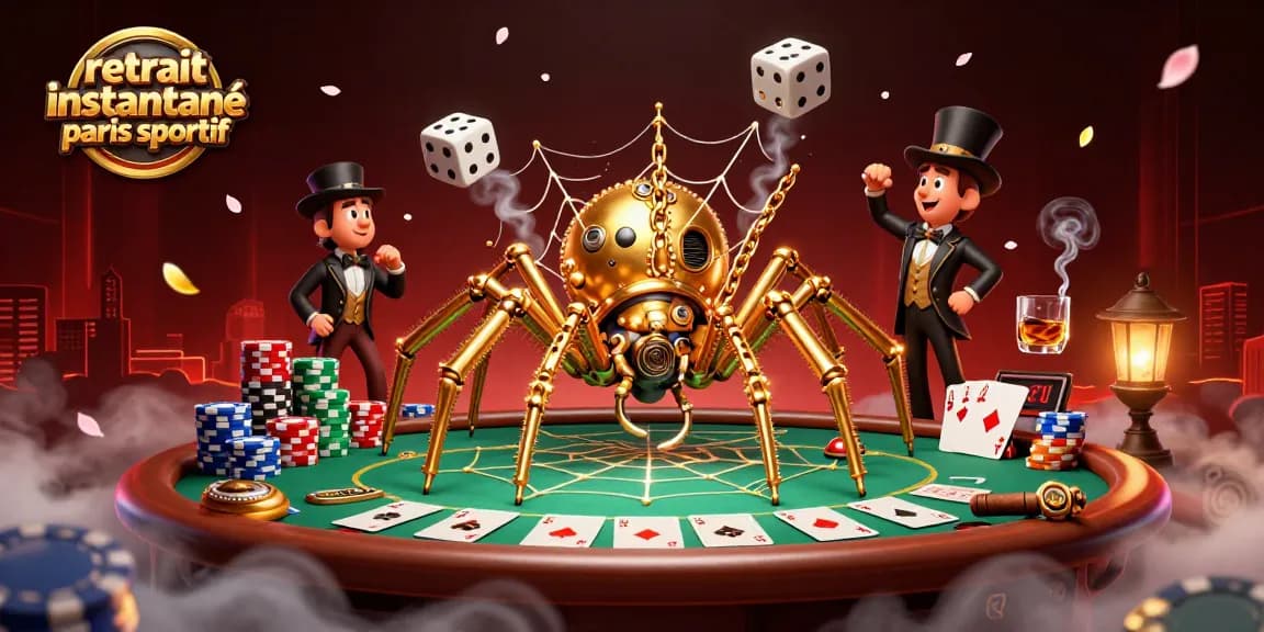Retrait instantané paris sportif : illustration dynamique d'une araignée en steampunk attrapant des dés malchanceux dans sa toile dorée.