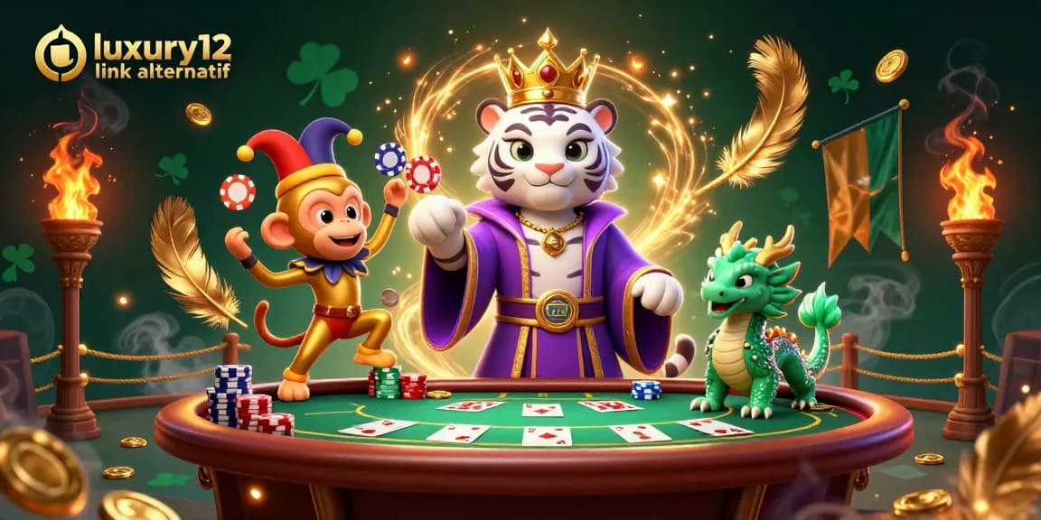 Engage with luxury12 link alternatif in this vibrant poker scene, showcasing lively characters and rich casino elements.