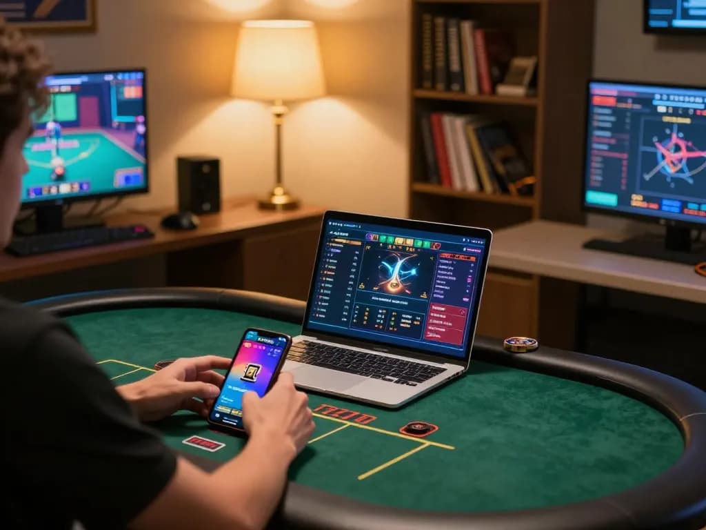 Player immersed in gaming experience on FAFA828, showcasing online strategies with smartphone and laptop