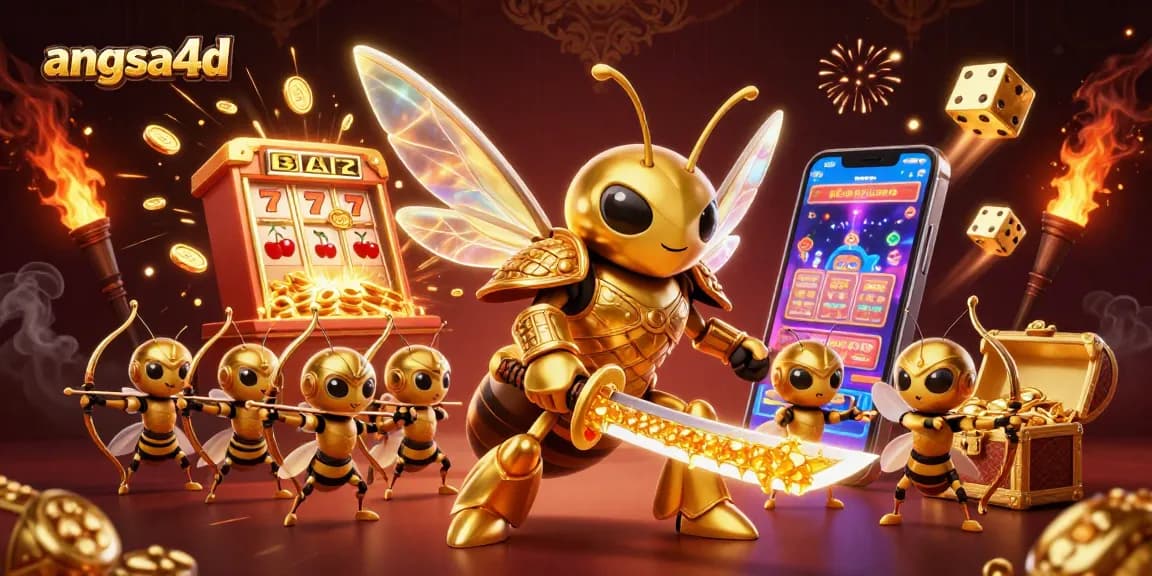Win big with angsa4d's exciting gambling scene featuring a golden hornet samurai and slot machine.