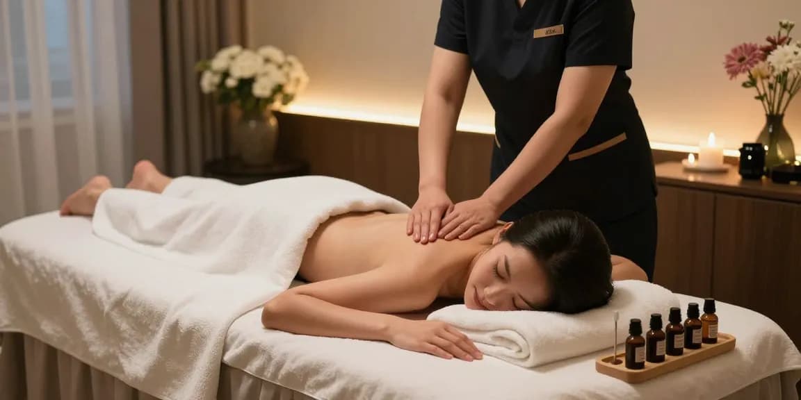 Serene 신촌출장안마 scene with professional massage therapist providing relaxation in a luxurious hotel room.