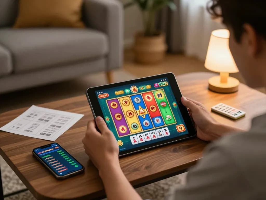 Player enjoying a Mahjong slot game on tablet, embodying the spirit of situs gacor gaming in a cozy home.