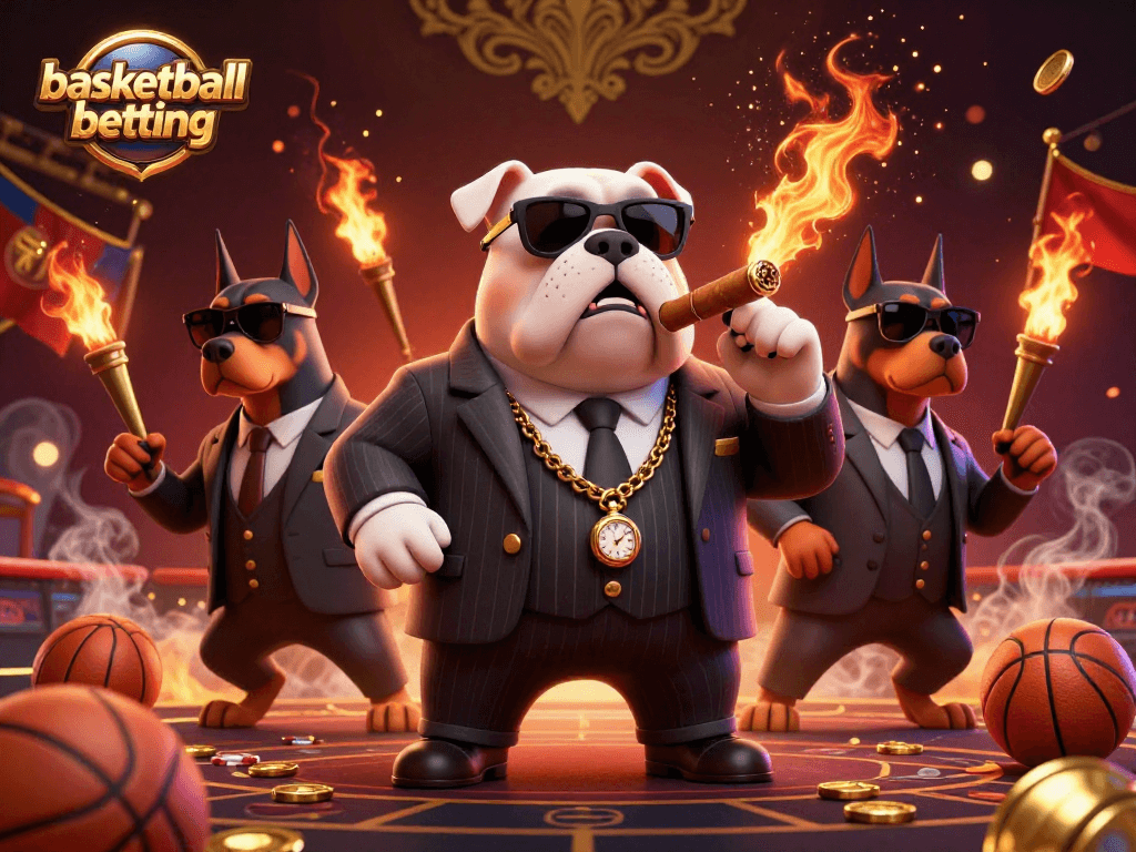 Engage in basketball betting excitement with a mafia bulldog and Doberman bodyguards amidst a dynamic, vibrant atmosphere.