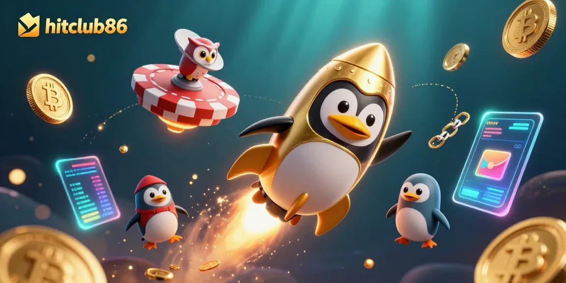 Hitclub86 showcases excitement and adventure with a golden penguin flying towards a casino in space.