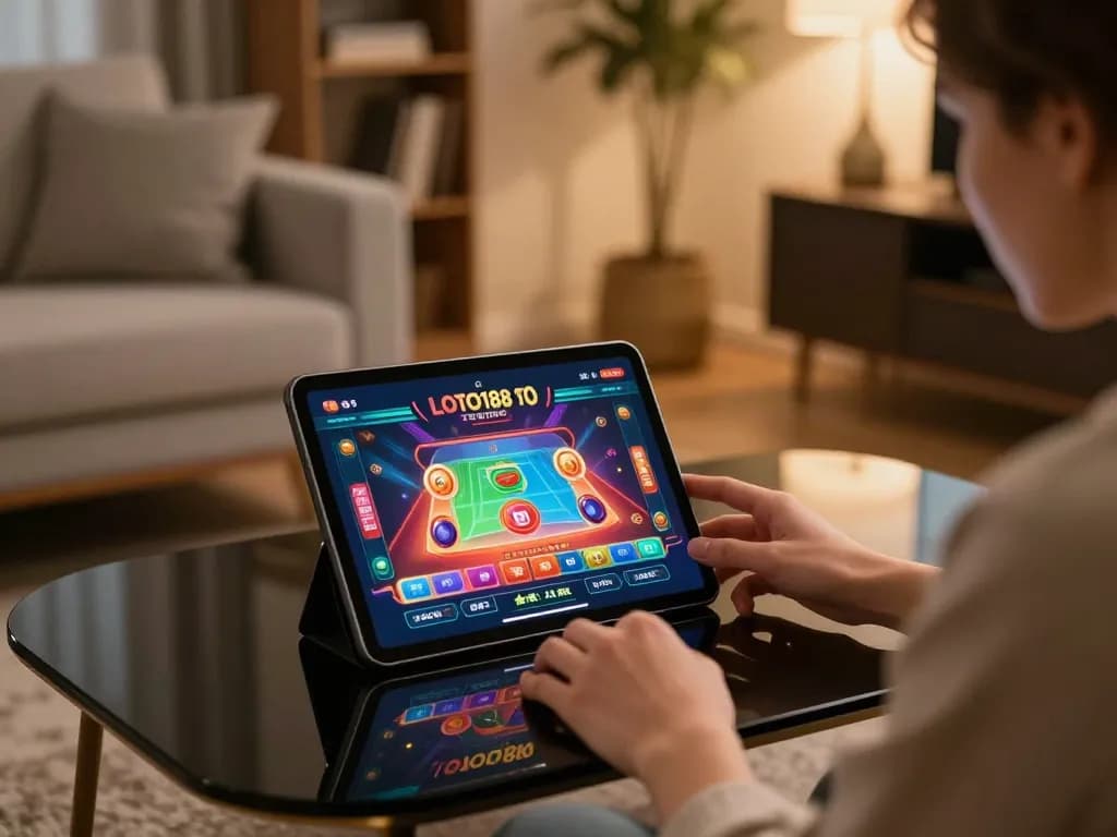 Playing the LOTO188 SO mobile app at home, showcasing user interaction and responsible gambling.