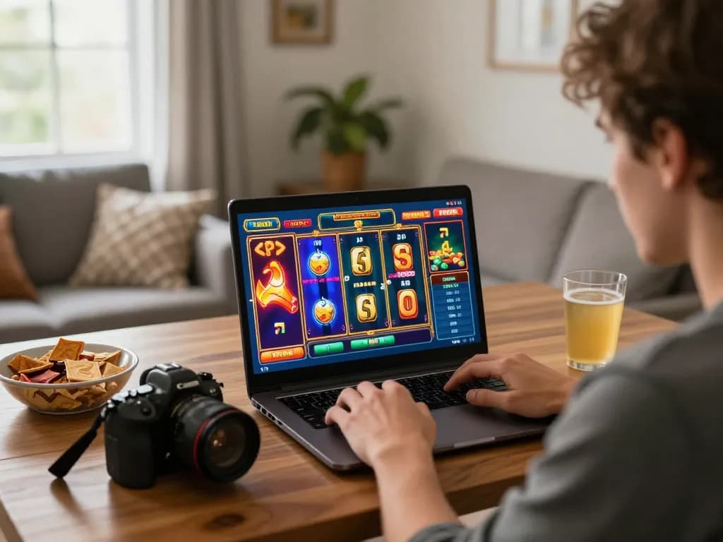 Person playing online SLOT game on a laptop at home, vibrant graphics and responsible gaming atmosphere.