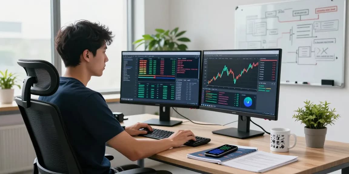 Developer analyzing futures high frequency tick API data in a modern office.
