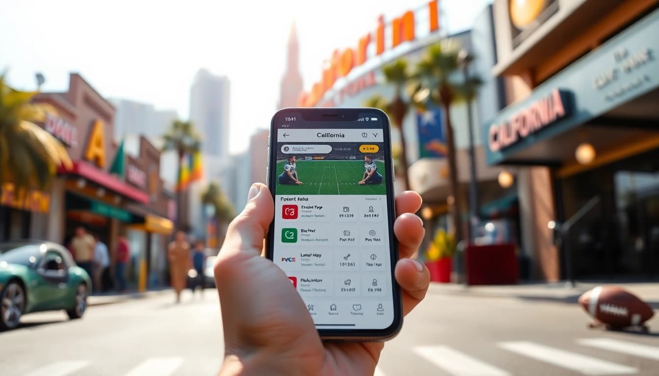 Explore popular sports betting apps California interface on a smartphone amidst a lively urban backdrop.