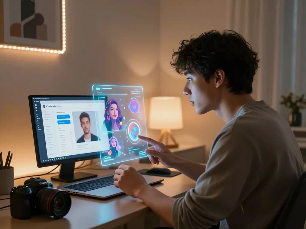 Interactive scene featuring a user engaging in sex chat AI with a holographic interface and intimate ambiance.