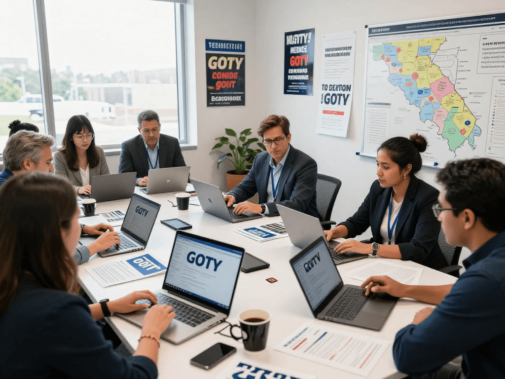 GOTV text messaging strategy session with campaign team analyzing voter data in modern office